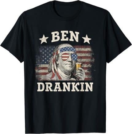 100% Cotton Sleeves T-shirt - Ben Drankin 4th of July Benjamin Franklin Design for Men and Women - USA Flag - Breathable and Comfortable - Unisex Best Dads Short-Sleeve Crew Neck Tee