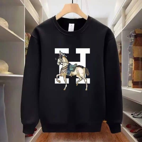 Men's High-End Round Neck Sweatshirt – Autumn Winter Trendy Letter Horse Print Casual Versatile Top